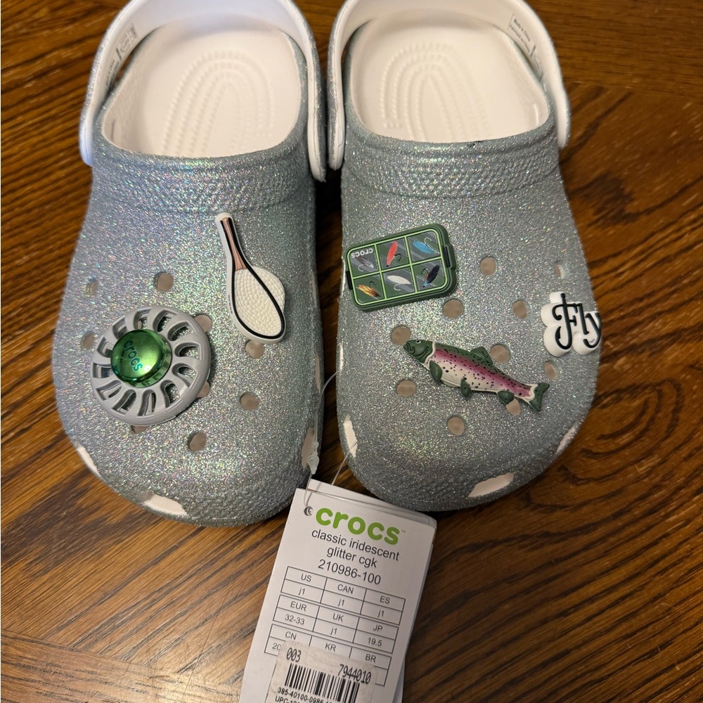 CROCS Kids Classic Iridescent Glitter Clogs - Silver